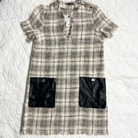 Zara Brown Plaid Dress S Preppy Academia Classic Boho Chic Fringe Pockets NEW - Picture 3 of 13